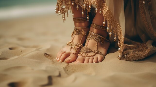 close-up of beautiful legs and feet of a woman at the beach, , wearing amazing pearls and boho styled jewels - ai-generated