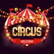 Circus banner with dome tent, balloons and garlands. Vector illustration.