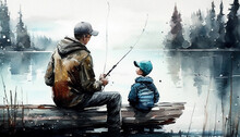 Father And Son Fishing Together On Lake - Watercolor Painting. Generative AI