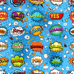 Wall Mural - Comic book style speech bubbles seamless pattern on blue background vector illustration
