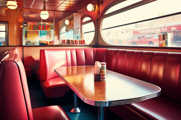 1950s diner with a wooden table. generative AI