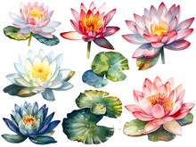 Watercolor Water Lily Cliparts, Created With Generative AI Technology