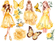Yellow Watercolor Girl Cliparts, Yellow Roses, Yellow Butterfly, Created With Generative AI Technology