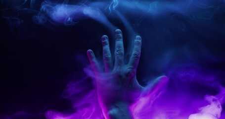 Wall Mural - Mystical hand on a dark background. Panoramic mockup for your logo. Horizontal banner with copy space for popular social media website cover image.