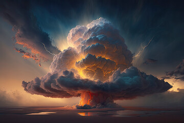 Wall Mural - Generative AI illustration image of nuclear explosion mushroom cloud with lightning and detailed formations and air flow