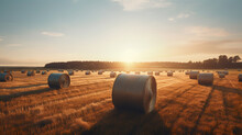 Bales Of Hay In A Golden Field Country Landscape Shot During Sunrise Or Sunset. A.I. Generated.
