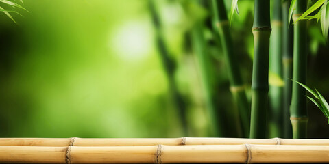 Wall Mural - Empty wooden product display table with oriental bamboo background. Generative ai