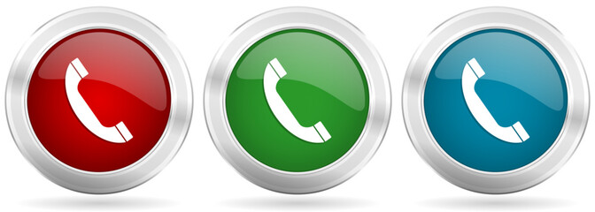 Aufkleber - Phone, call, contact vector icon set. Red, blue and green silver metallic web buttons with chrome border