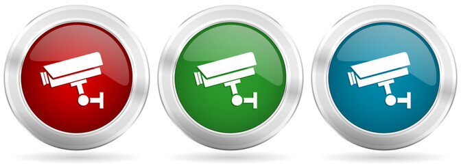 Poster - Cctv camera vector icon set. Red, blue and green silver metallic web buttons with chrome border
