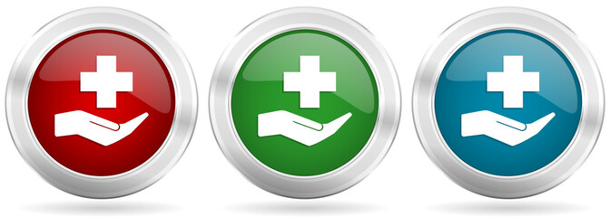 Leinwandbilder - Hospital, medical help vector icon set. Red, blue and green silver metallic web buttons with chrome border