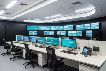 Wall Mural - Empty interior of big modern security system control room, workstation with multiple displays, monitoring room with at security data center Empty office, desk, and chairs, Generative AI