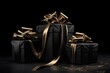 Black gift boxes with golden ribbons on black background with Generative AI
