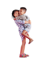 Wall Mural - Love, smile and sister with brother, hug and portrait isolated against a transparent background. Face, siblings or children embrace, happiness and cheerful with quality time, png and bonding with joy