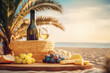 Beautiful summer romantic picnic at sunset on sand beach. Bottle of wine, baguete, cheese, grapes and fresh fruits on pleid on blurred seascape. Generative ai