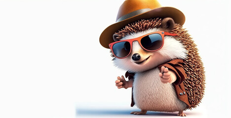 Sticker - cute character stylish hedgehog in hat and sunglasses points with finger on white background. Generative AI illustration