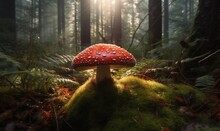  A Red Mushroom Sitting On Top Of A Lush Green Forest.  Generative Ai