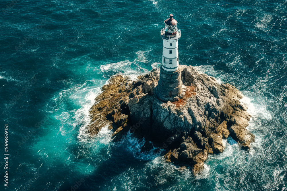 A aireal top view of lighthouse standing atop a rocky island in the ...