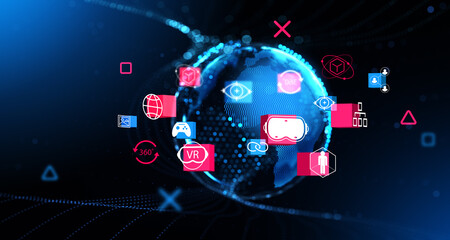 Poster - Earth globe hologram and cyberspace, worldwide connection and virtual reality