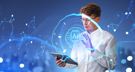 Poster - Man with tablet in city, AI interface