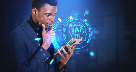 Poster - African businessman using tablet with pensive look, technology and communication