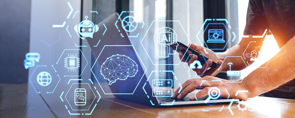 Poster - Man with laptop and smartphone, AI interface