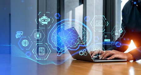 Poster - Man typing on laptop in office, AI interface