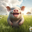  Lachendes Schwein steht auf einer Wiese, Cartoon Style. Generative AI