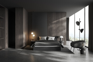 Dark home bedroom interior with bed and armchair, panoramic window. Empty wall