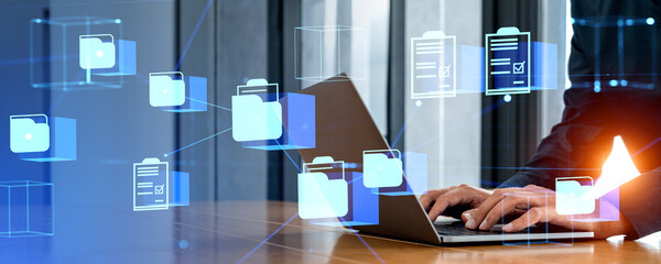 Poster - Businessman working in computer, document management system hologram