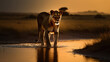 Portrait of a safari lion in a lake looking at the camera at sunset