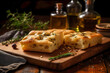 A delicious italian food focaccia bread in a wooden cutting board created with Generative AI technology