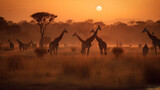 Sunset safari photography of giraffes at sunset