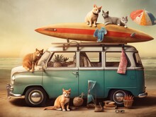 Adorable Cat Sittign On The Car, Ready For Travel, Summer Concept. Generative AI