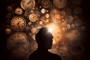Wall Mural - Abstract concept of time passing by. Human silhouette and old clock representing past time. Turn back time concept. Melancholic mood. Generative AI