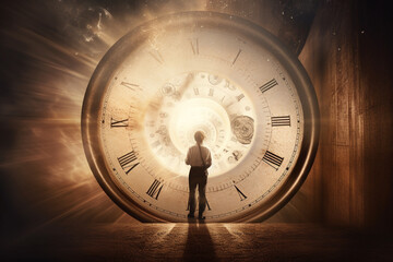 Wall Mural - Abstract concept of time passing by. Human silhouette and old clock representing past time. Turn back time concept. Melancholic mood. Generative AI