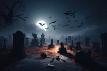 Halloween Background With Pumpkins And Graveyard, Created With Generative Ai