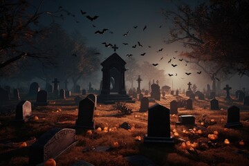 Halloween background with pumpkins and graveyard, created with generative ai