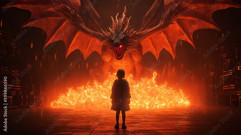 Little girl standing in front of huge red fire breathing dragon ...