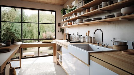 Wall Mural - A side view of a modern kitchen interior with a large farmhouse sink and an open shelve. Generative AI