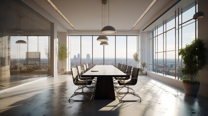 Wall Mural - Large boardroom in modern office with great view. Generative AI