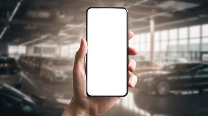 Car-buying app phone mockup, blank white screen for auto dealership application, helping to buy used car. Generative AI