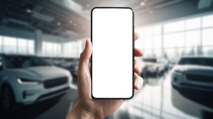 car-buying app phone mockup, blank white screen for auto dealership application, helping to buy used