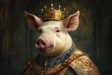 Renaissance Portrait Of Anthropomorphic Medieval Pig Queen Wearing Crown, Oil Painting. Generative AI