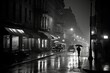 Noir movie, night city street under the rain. Generative AI