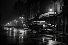 Noir Movie, Night City Street Under The Rain. Generative AI