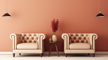 Wall Mural - A modern living room with two leather armchairs on an empty cream color wall and a vase of flowers. Generative AI