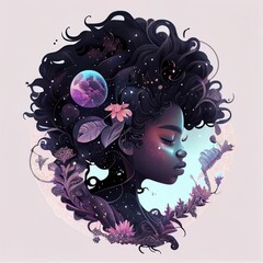 Wall Mural - A cute African American teenage goddess with beautiful afrocentric hairstyle made from celestial bodies fade into the universe. Generative AI AIG16.