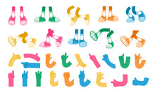 Cartoon Hands And Leg. Retro Color Comic Leg In Sneakers, Mascot Arm And Hand, Feet In Trainers Walking, Expression Pose, Cute Doodle Gesture. Vector Set