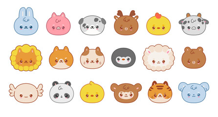Wall Mural - cartoon animal face. cute anime character animals, kawaii emoji pet dog and cat sticker, happy rabbi