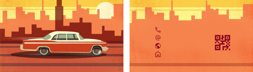  Business card template.Retro classic car logo. Front and back side Vector illustration